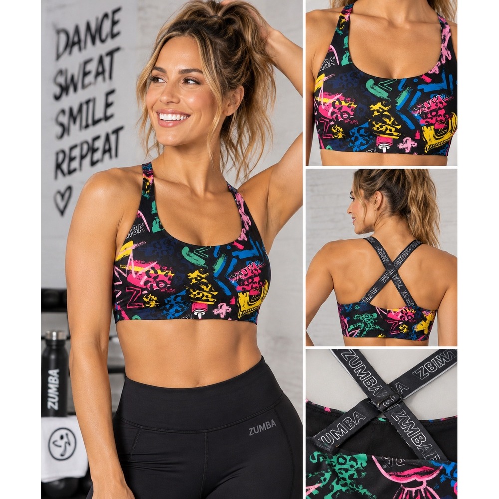 Zumba Sports Bra Women's Approx S Black Neon Graffiti Criss Cross Straps Dance